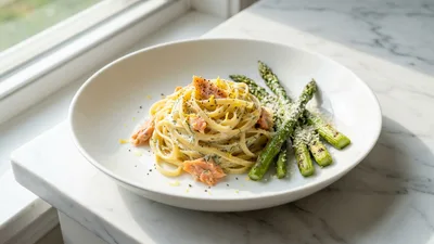Smoked Asparagus Pasta with Smoked Salmon and Dill Cream
