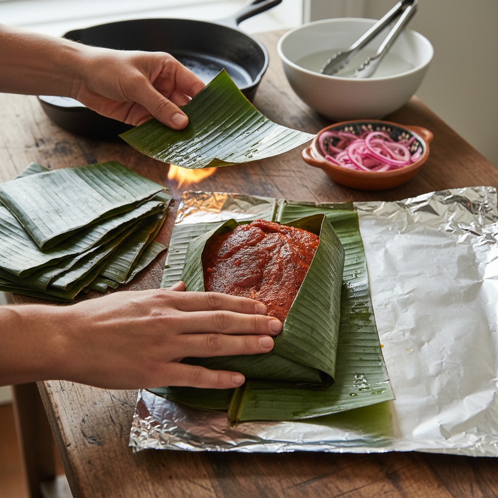 Prepare banana leaves and slow-grill the pork