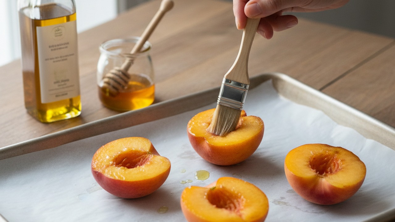 Preheat and prepare peaches
