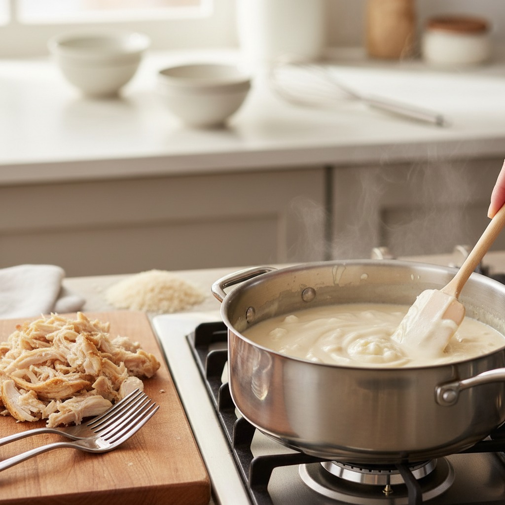 Shred chicken and make the cream base