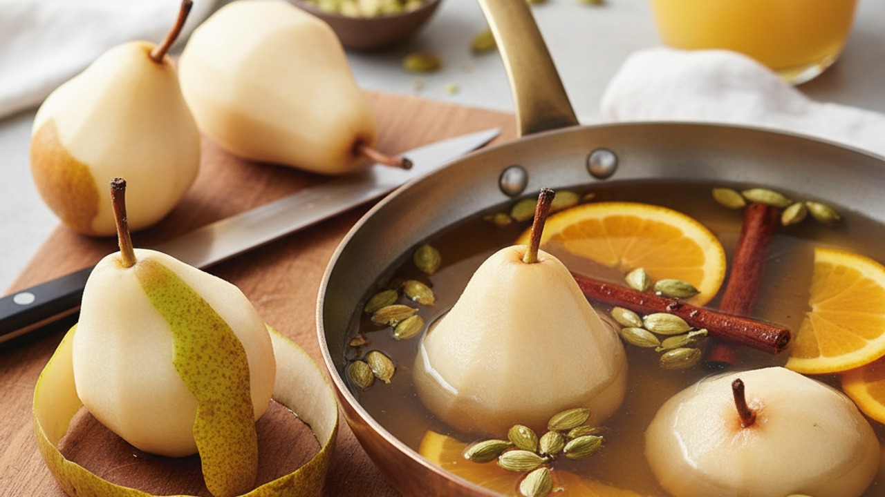 Prepare pears and poaching liquid