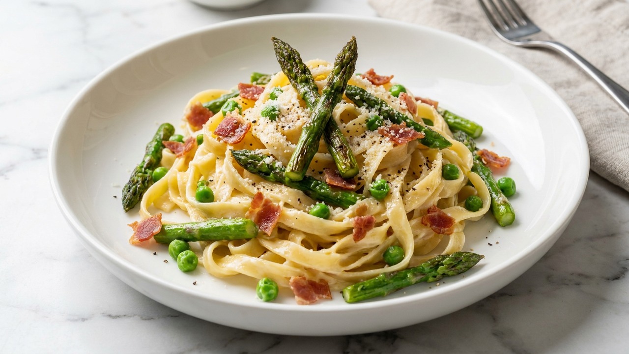 Creamy Asparagus Fettuccine with Peas and Crispy Prosciutto