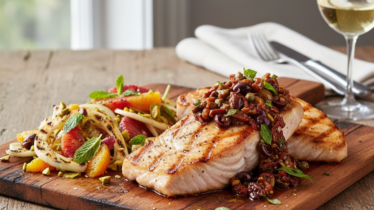 Cedar-Plank Grilled Swordfish Steaks with Warm Olive-Tomato Tapenade and Charred Fennel-Orange Salad