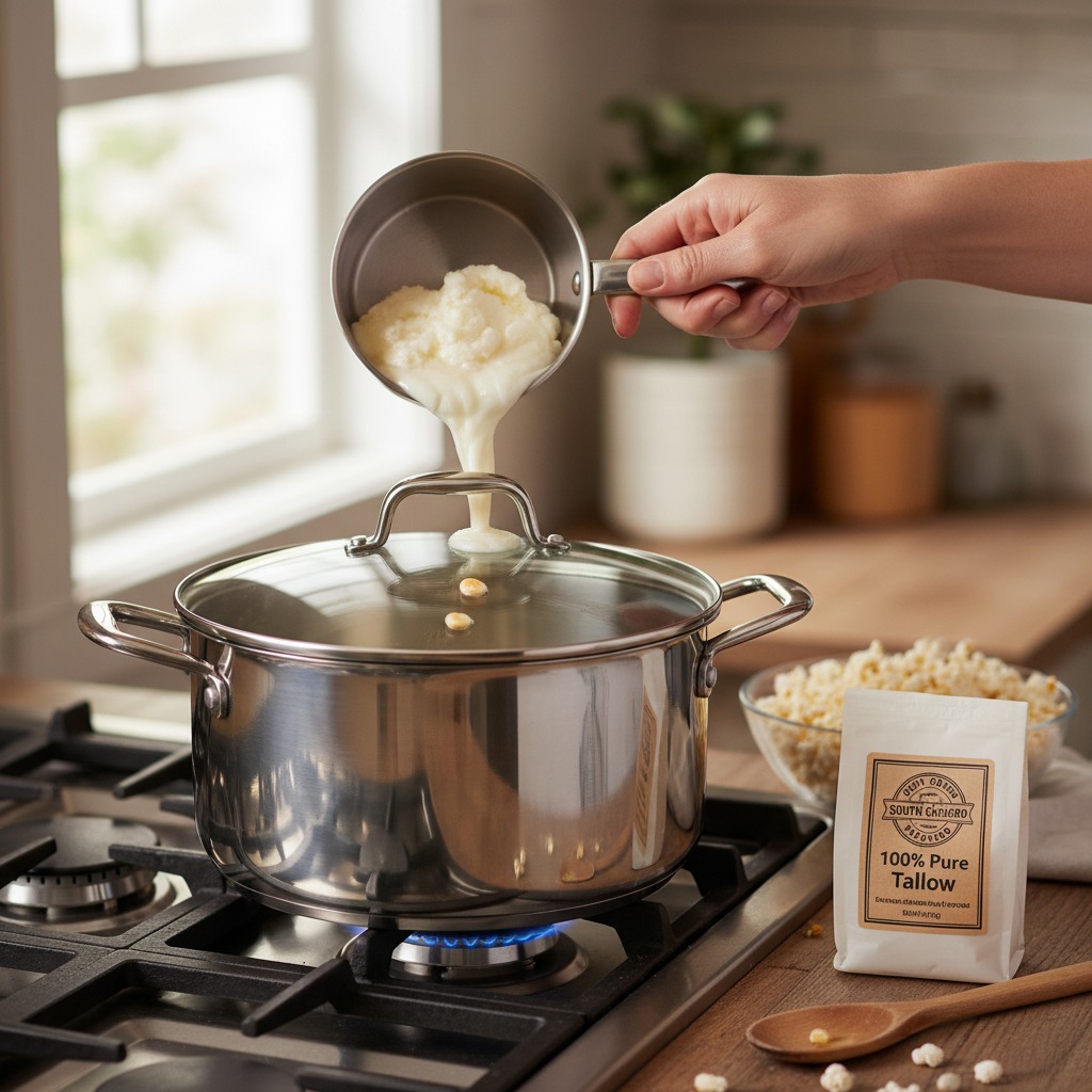 Heat the tallow and prepare pot