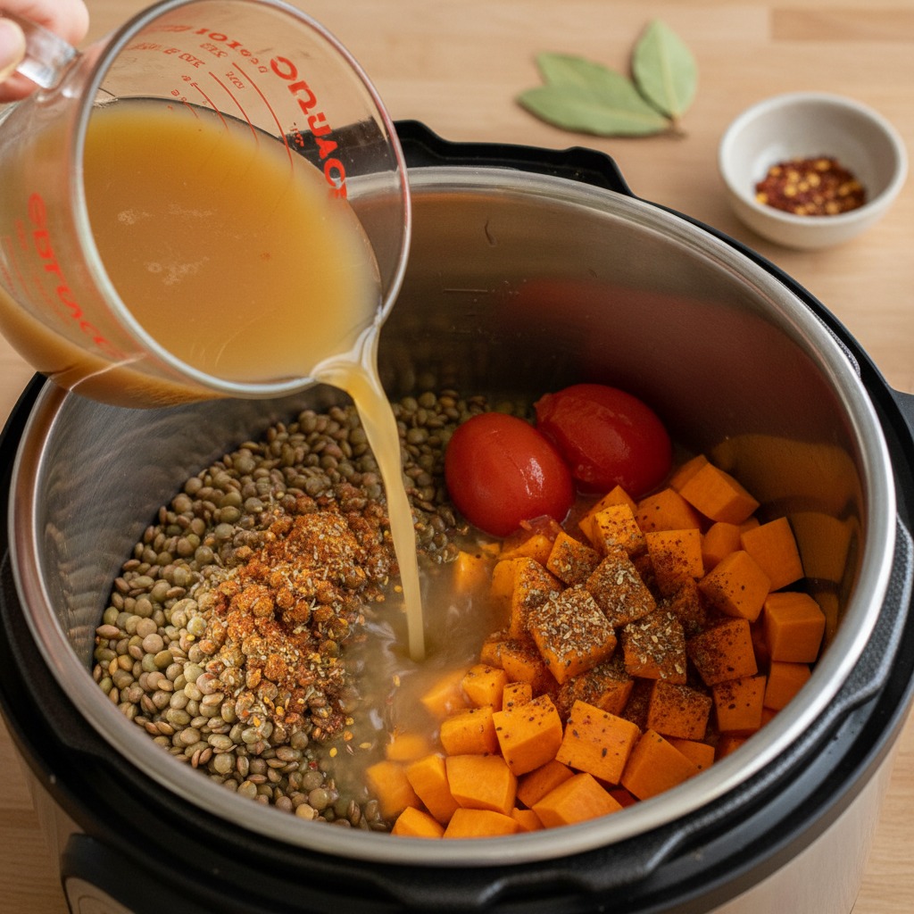 Add lentils, sweet potato and liquids