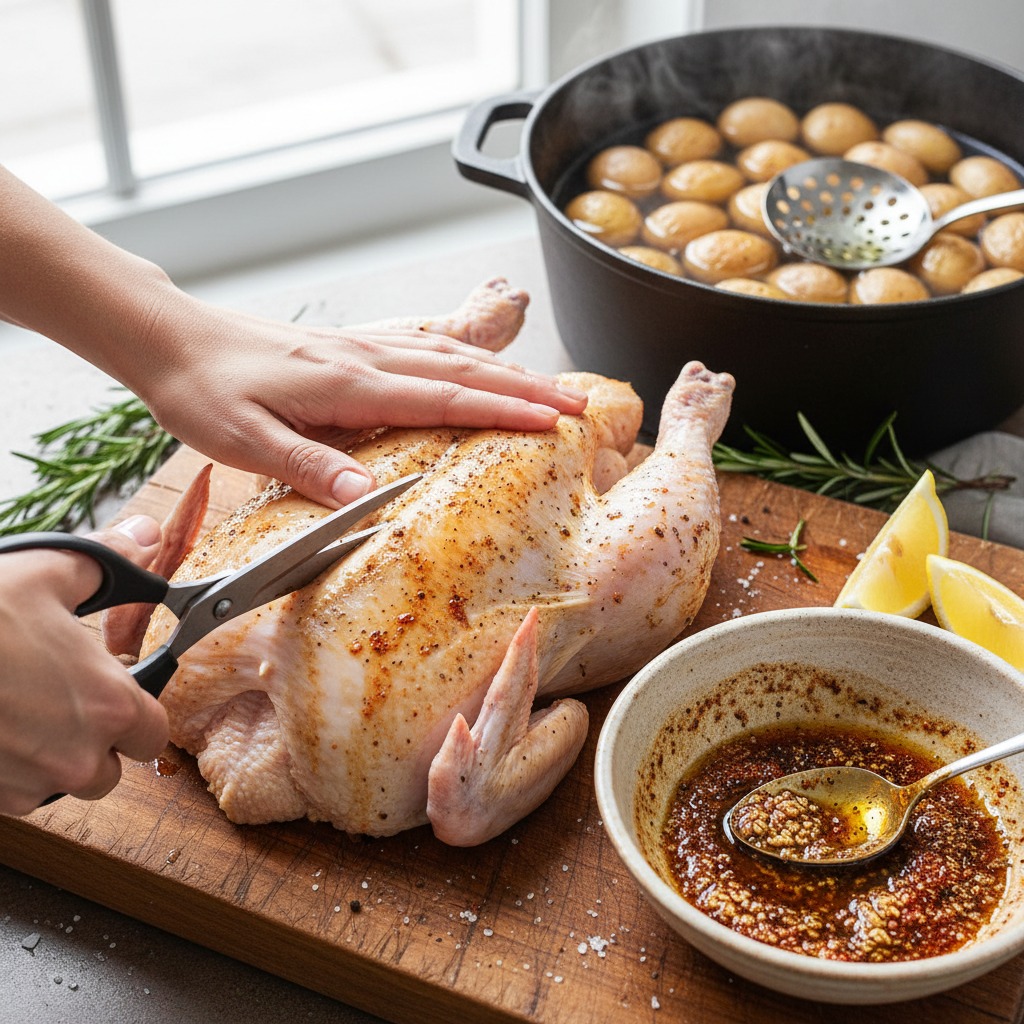 Spatchcock & season; parboil potatoes