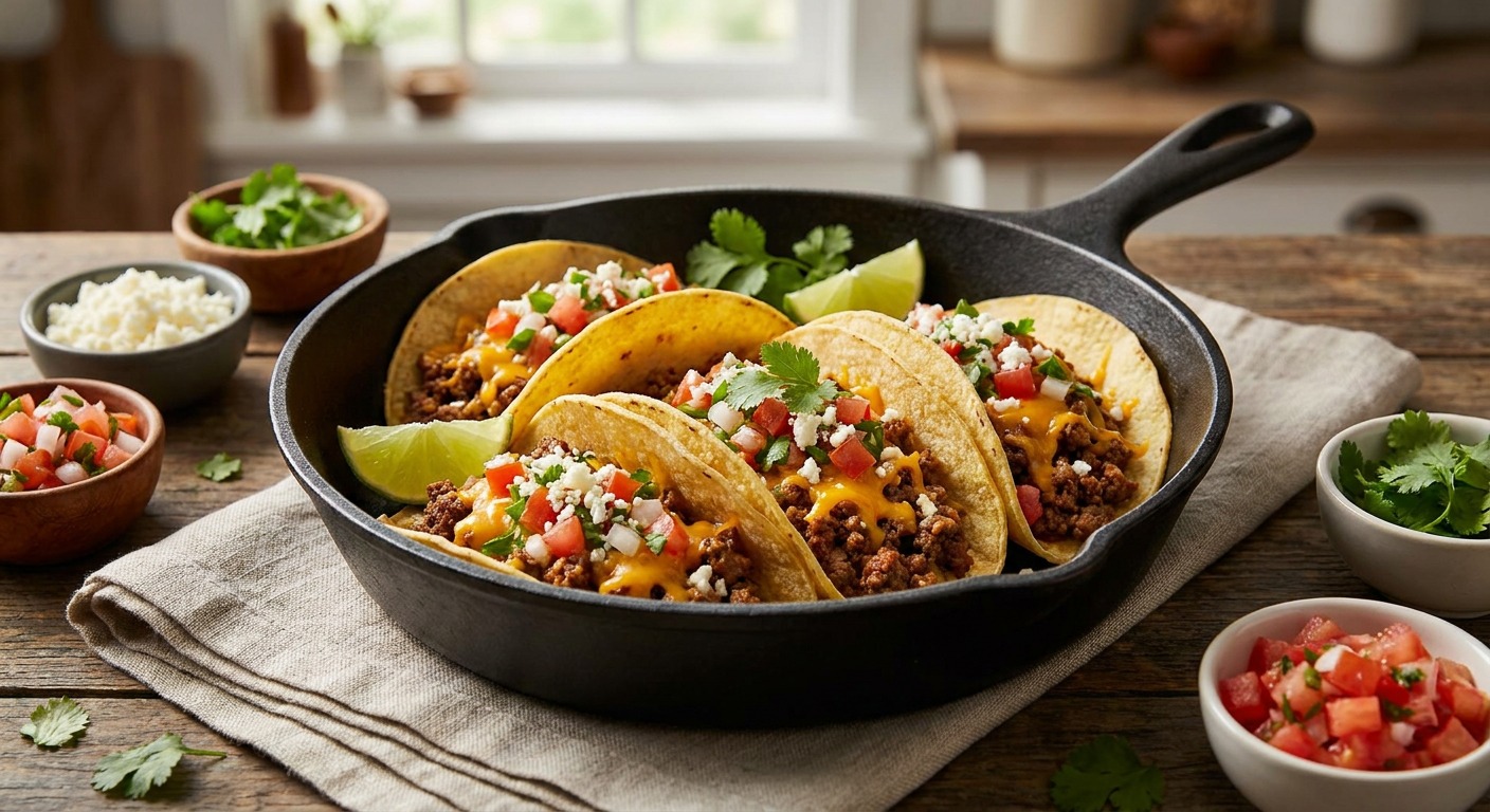 30-Minute Skillet Ground Beef Tacos with Quick Pico and Lime