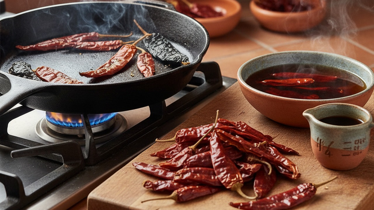 Toast and rehydrate chiles