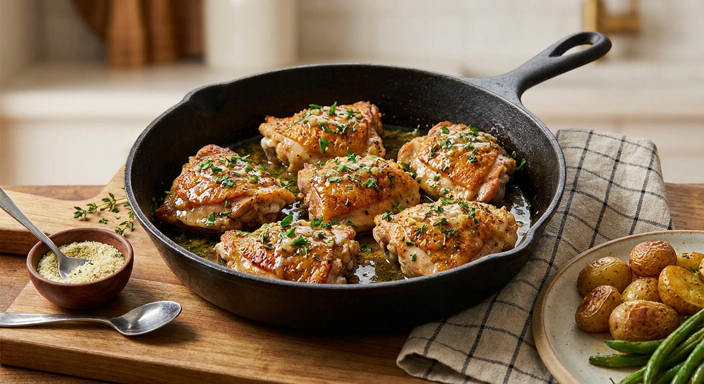 Skillet Garlic Butter Chicken Thighs with Kinder's Organic Buttery Garlic Salt