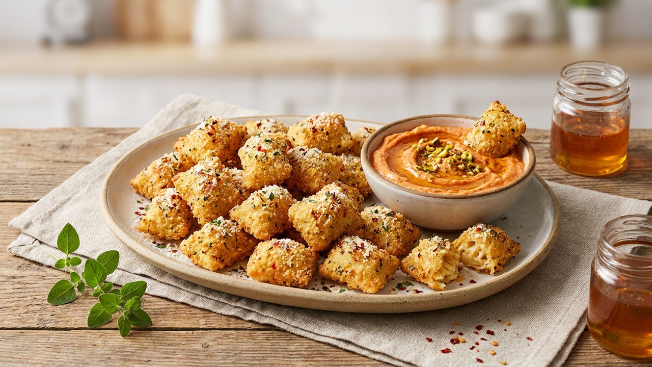 Air-Fryer Crispy Pasta Bites with Parmesan and Spicy Honey Dip