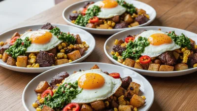 Grilled Short‑Rib Breakfast Hash with Charred Corn, Jalapeño & Sunny‑Side Eggs