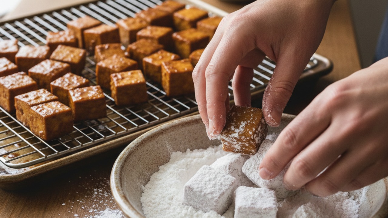 Dry, coat with cornstarch for texture