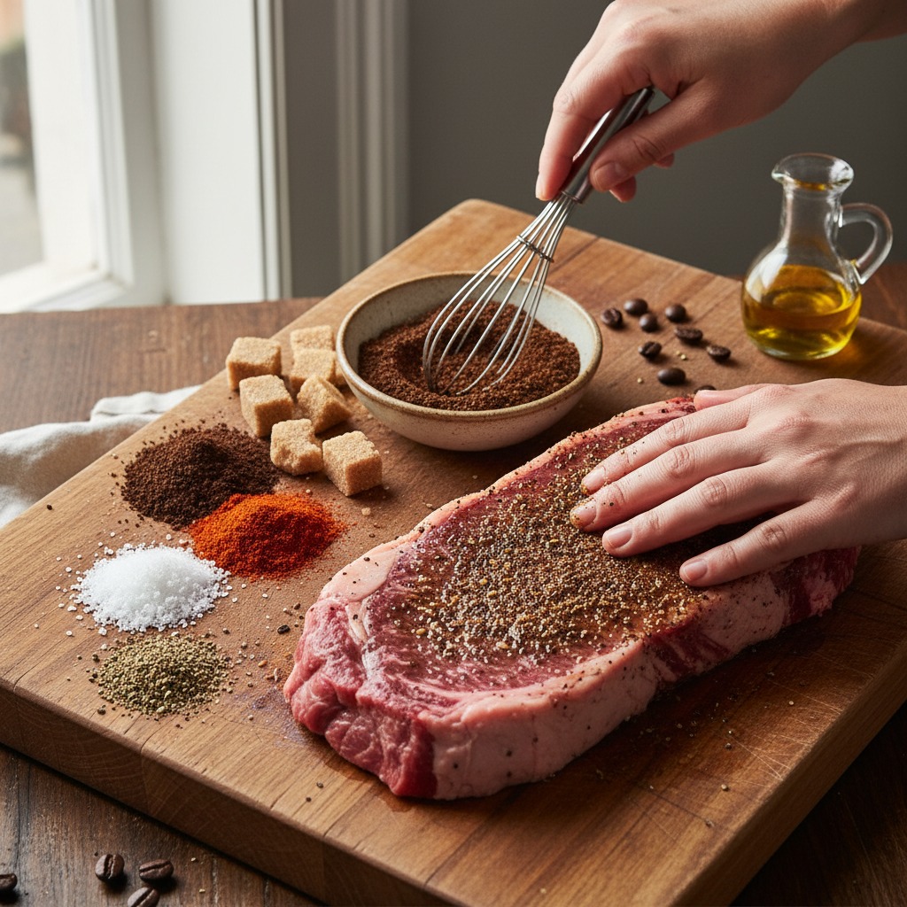 Make the coffee‑chile rub and season the steak