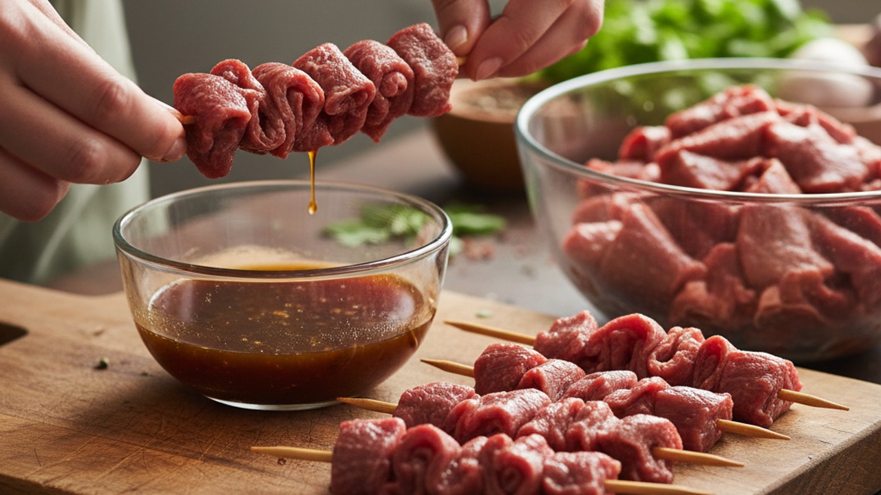 Thread beef onto skewers