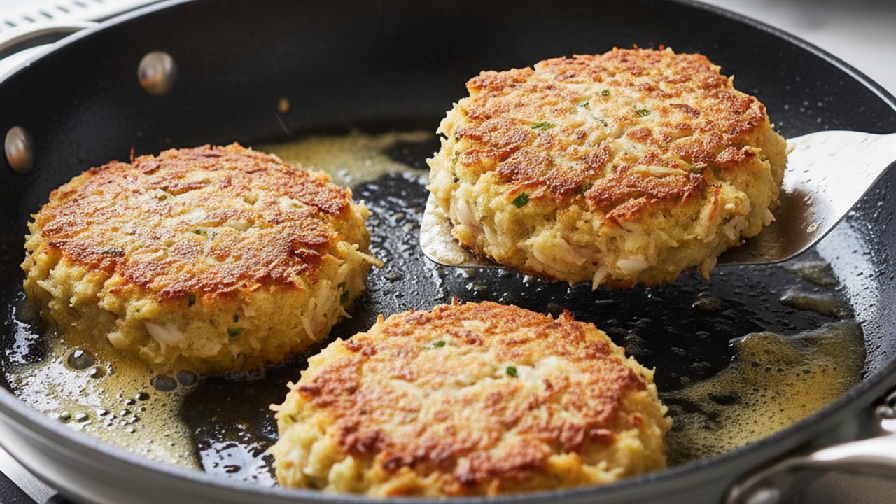 Pan-sear the crab cakes until crisp