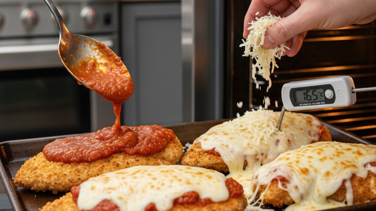 Top with sauce and cheese, finish baking