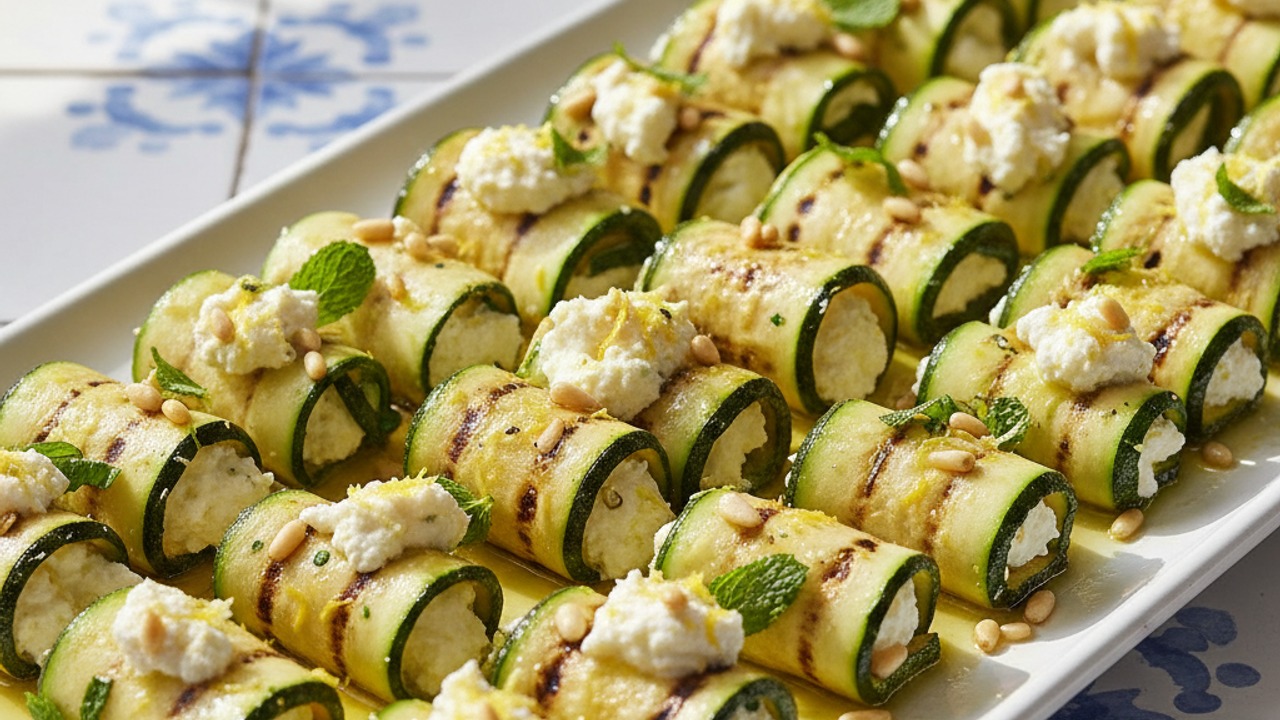 Grilled Zucchini Roll-Ups with Lemon-Whipped Ricotta, Mint & Toasted Pine Nuts