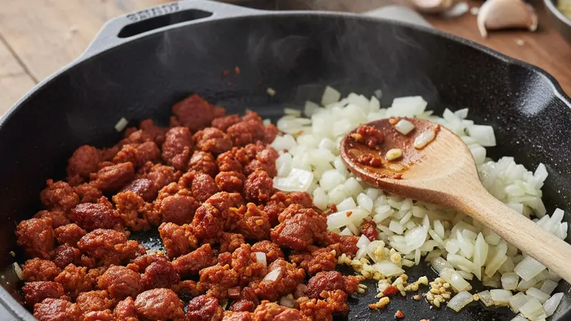 Brown the chorizo and soften aromatics