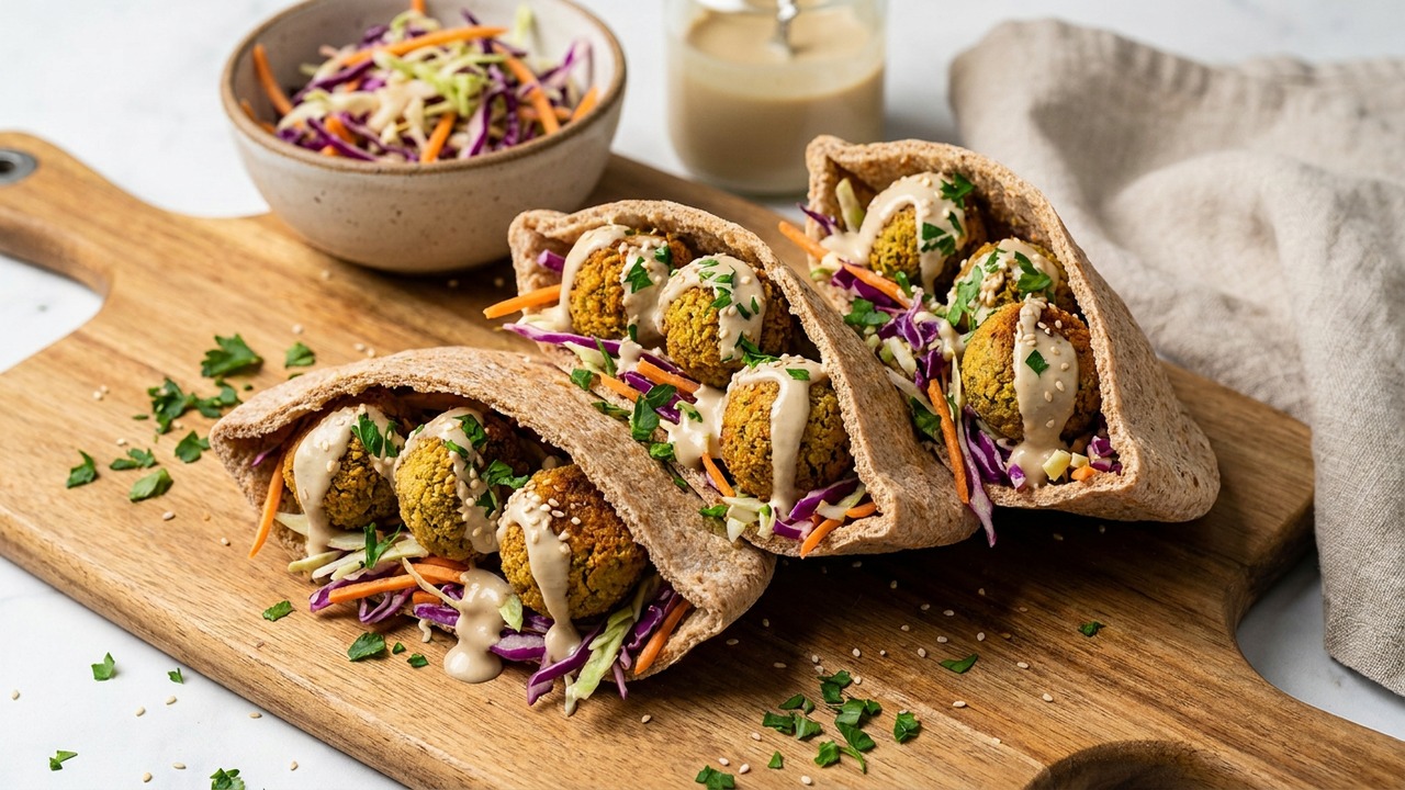 Air Fryer High-Fiber Falafel Wraps with Whole Wheat Flatbread and Cabbage Slaw