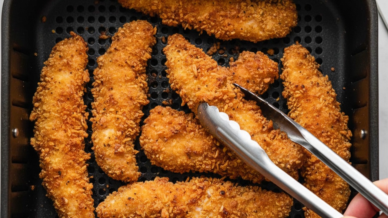 Air-fry the strips until golden