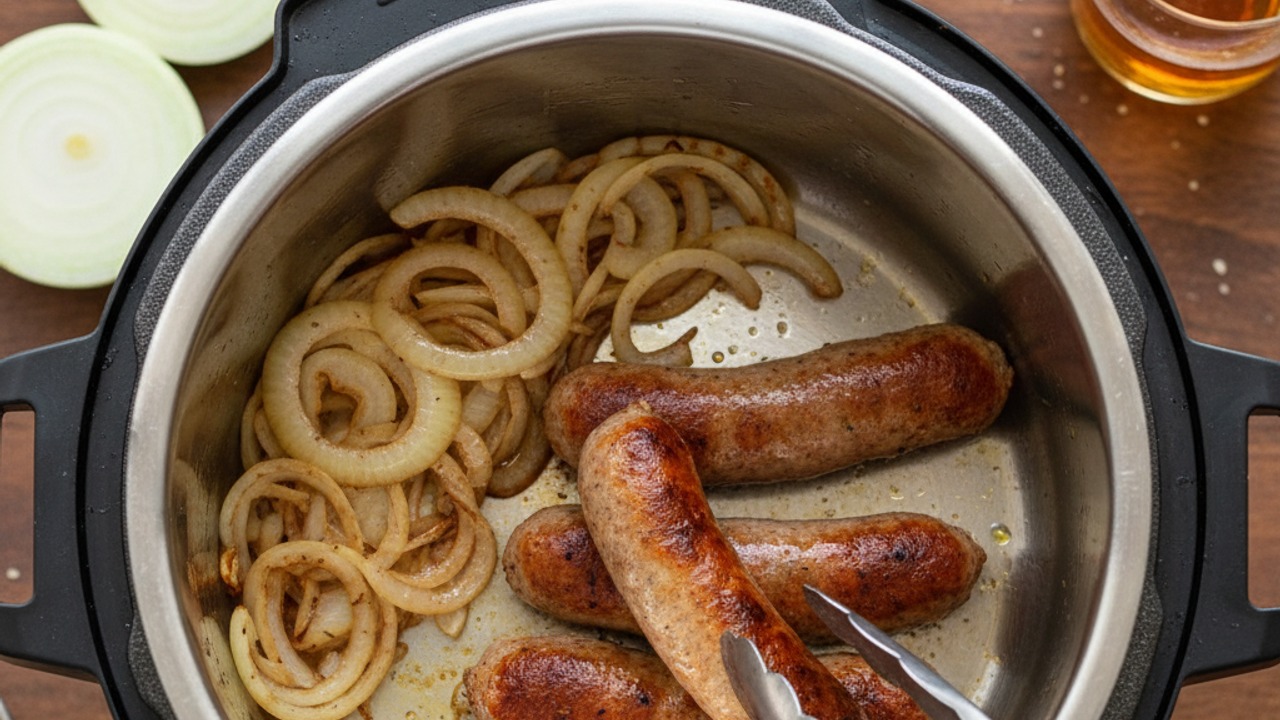 Sear sausages and caramelize onions