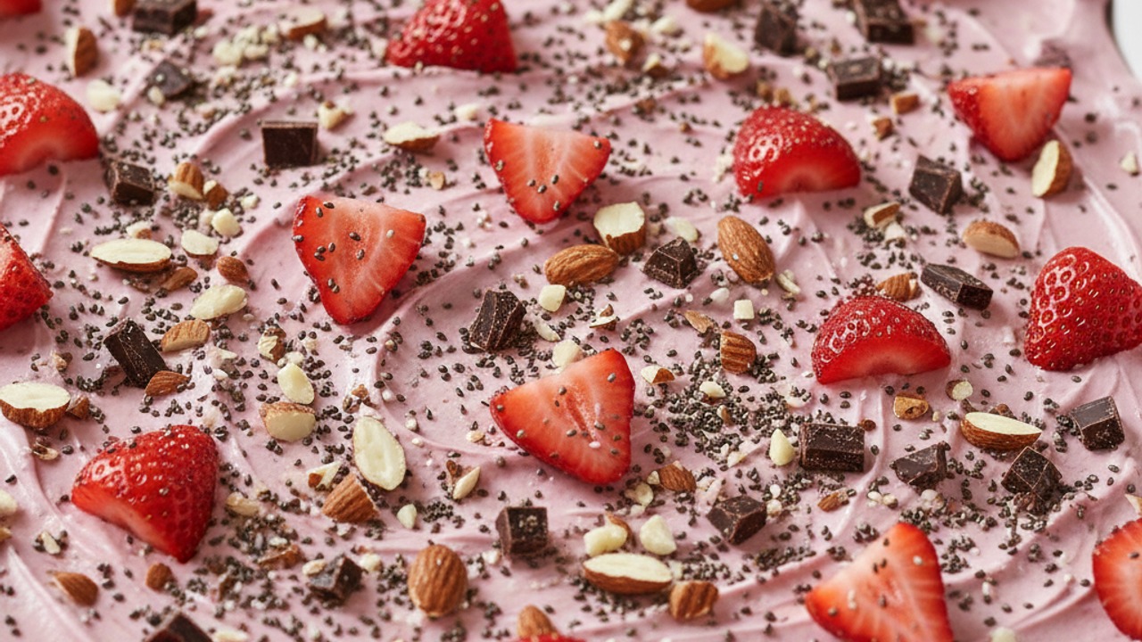 Top with seeds, nuts and remaining berries
