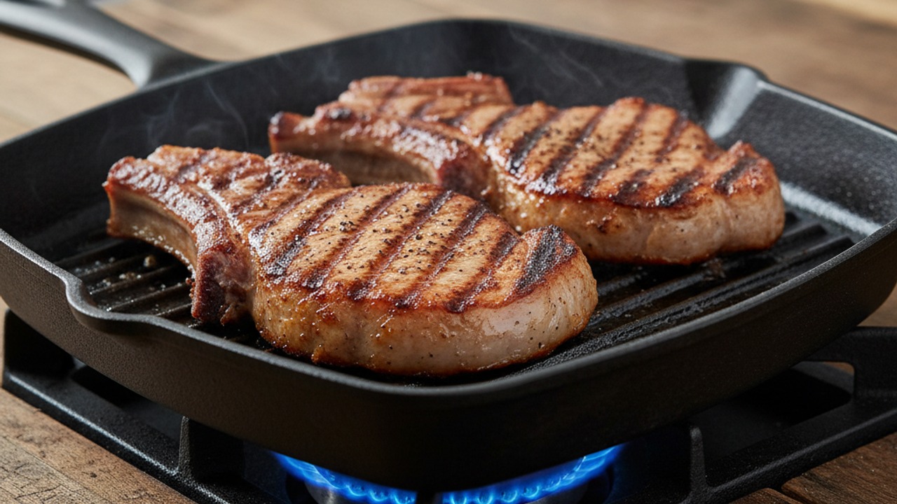 Sear the chops to develop crust