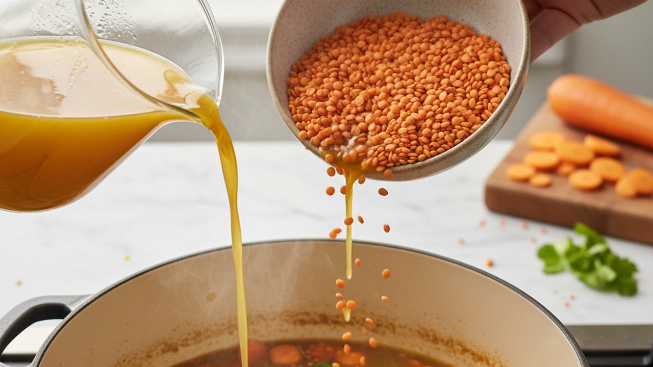 Add carrots, lentils and broth