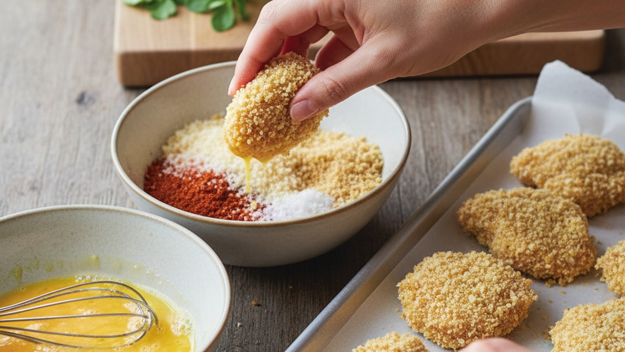 Make the breading station and season chicken
