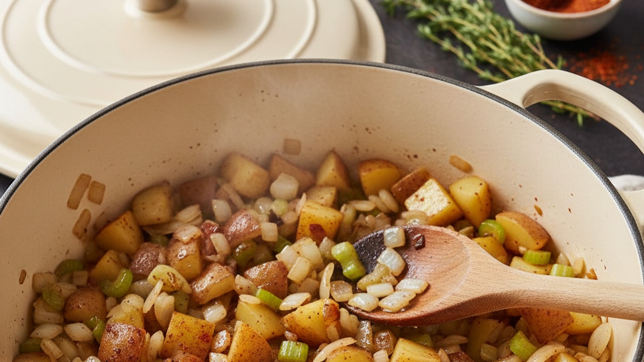 Sweat the aromatics and potatoes
