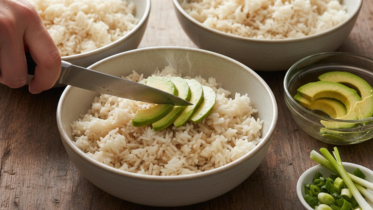 Warm rice and prepare toppings