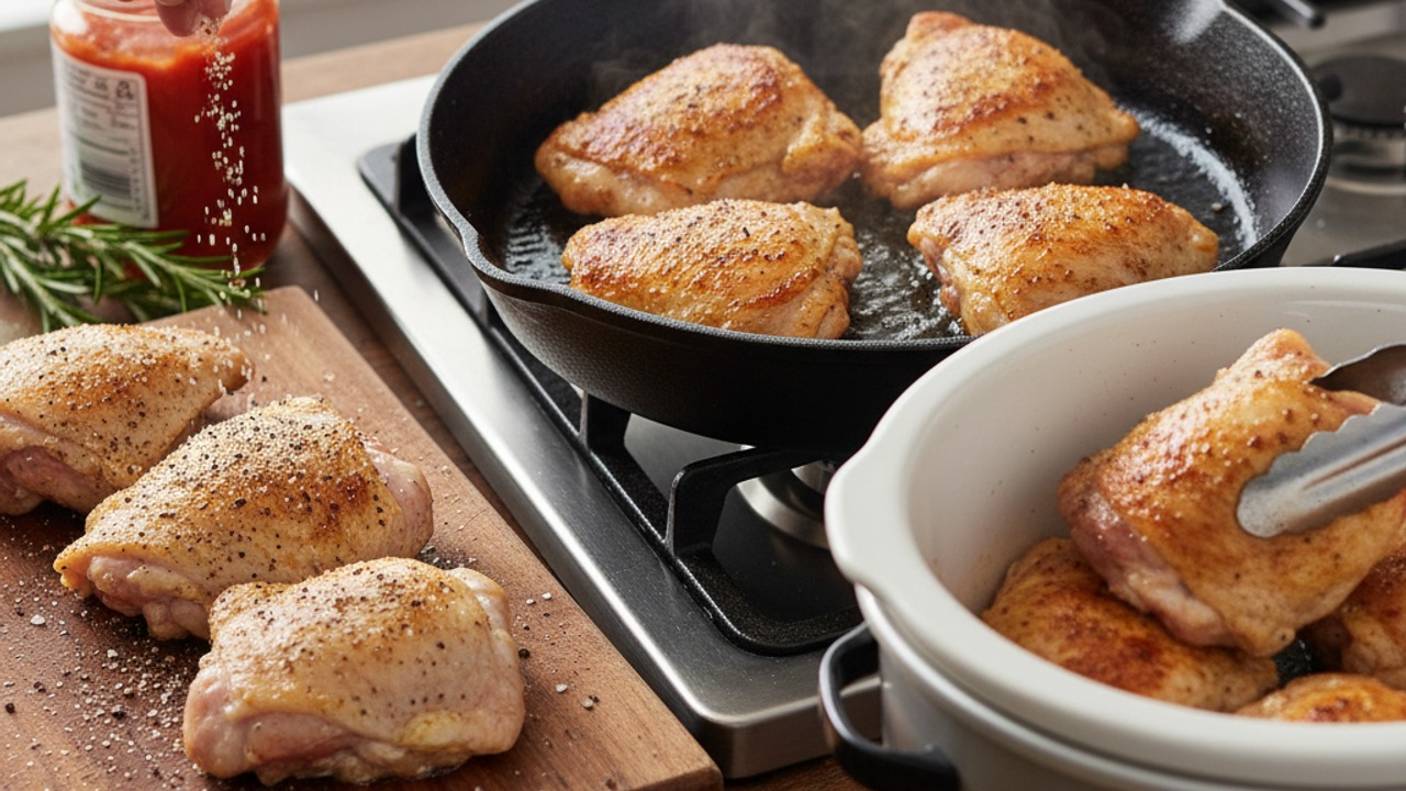 Season and brown the chicken