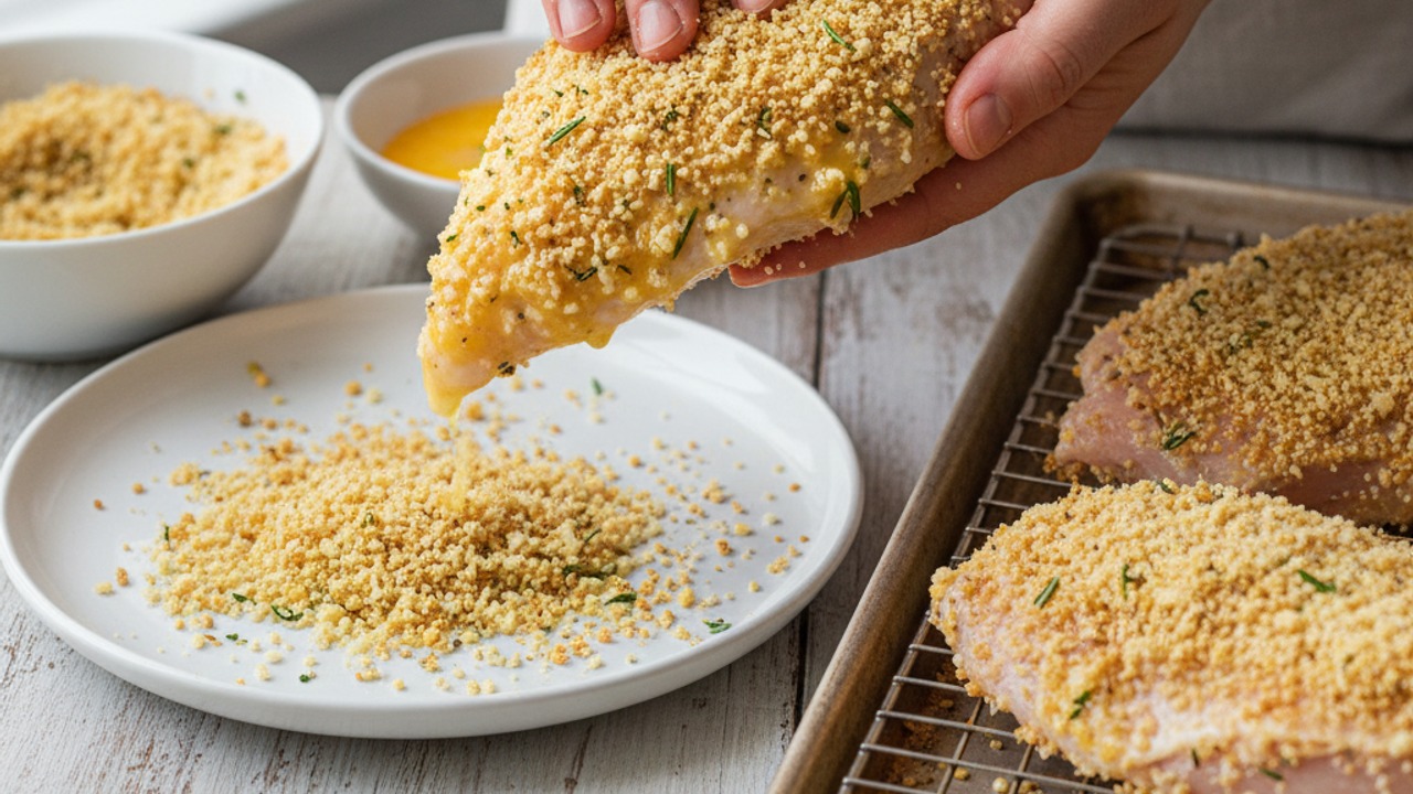 Dress and press the crust onto the chicken