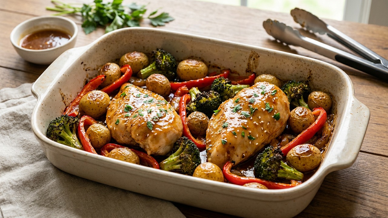 Sheet Pan Baked Honey Garlic Chicken Breasts with Roasted Vegetables