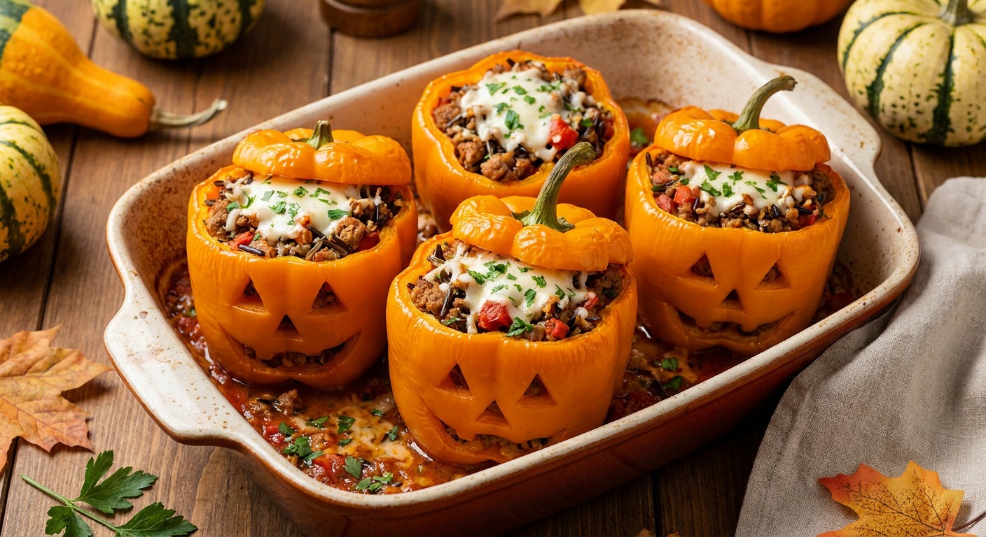 Roasted Jack-O-Lantern Stuffed Peppers (Family Halloween Dinner)