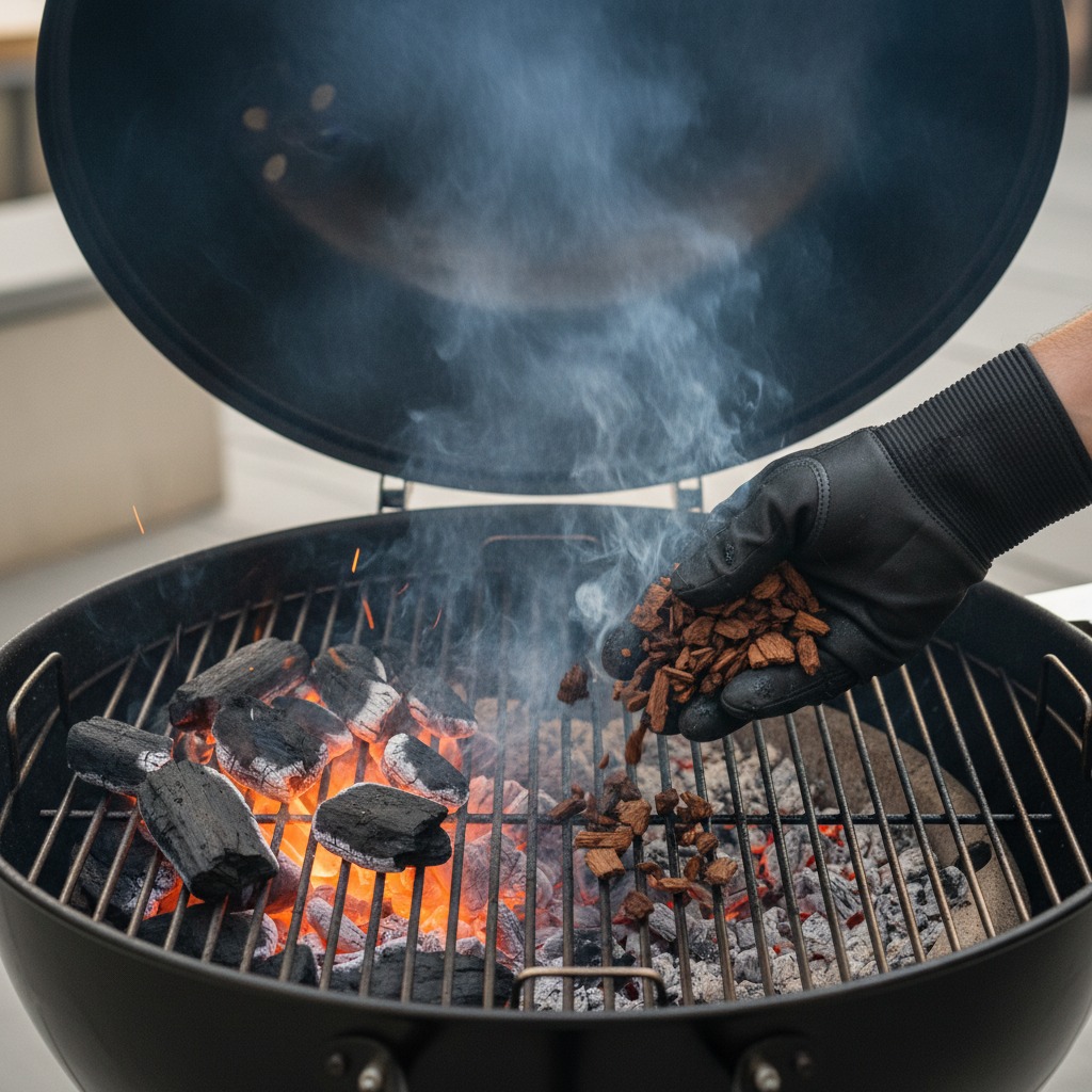 Prepare grill for two-zone cooking with oak smoke