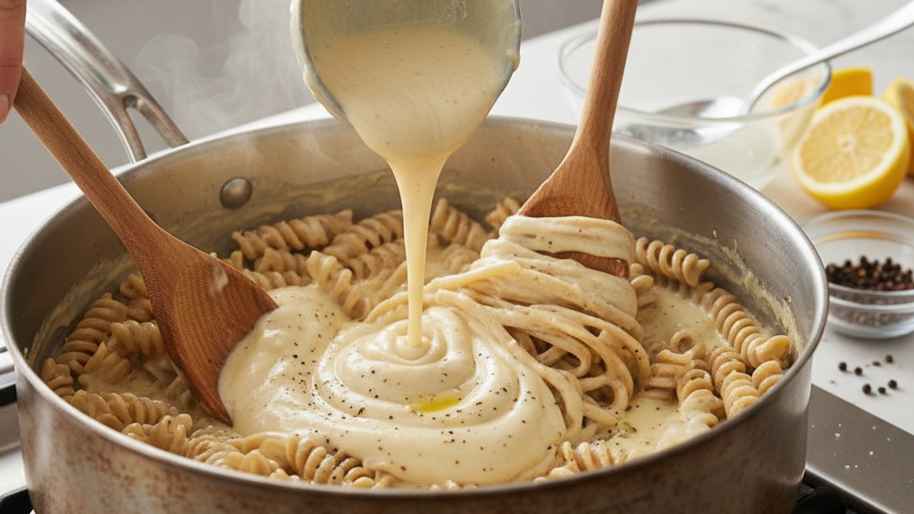 Toss pasta with sauce and season