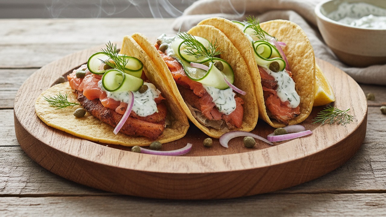Smoked Salmon Fish Tacos with Dill-Yogurt Sauce and Pickled Cucumber