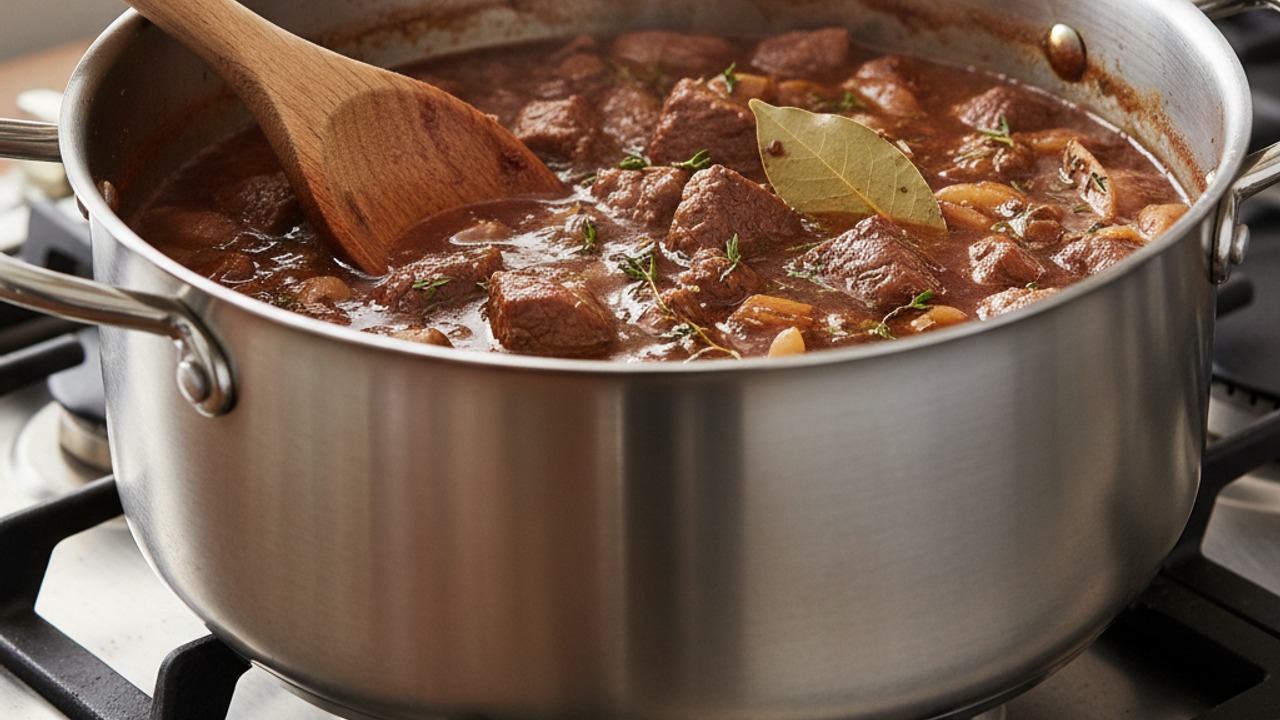 Deglaze and combine with broth and herbs
