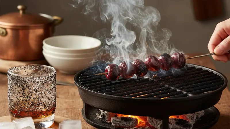 Char garnish cherries and prep the glass/rim and ice