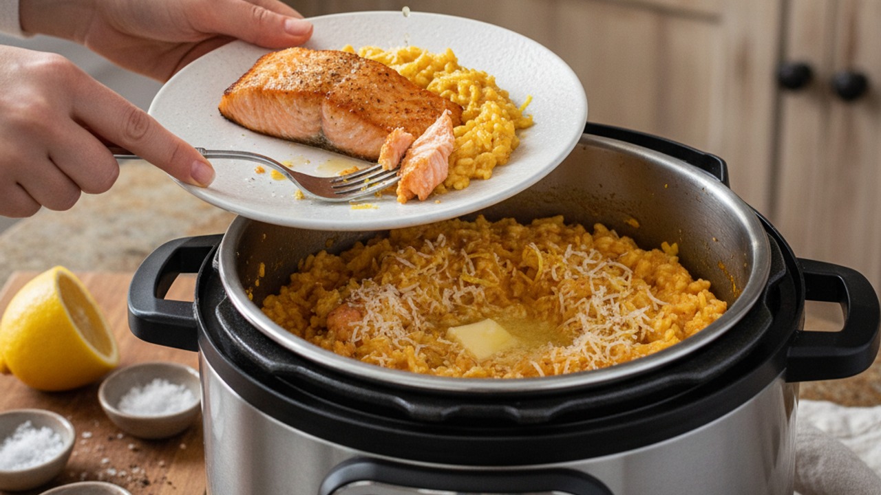 Finish risotto and check salmon