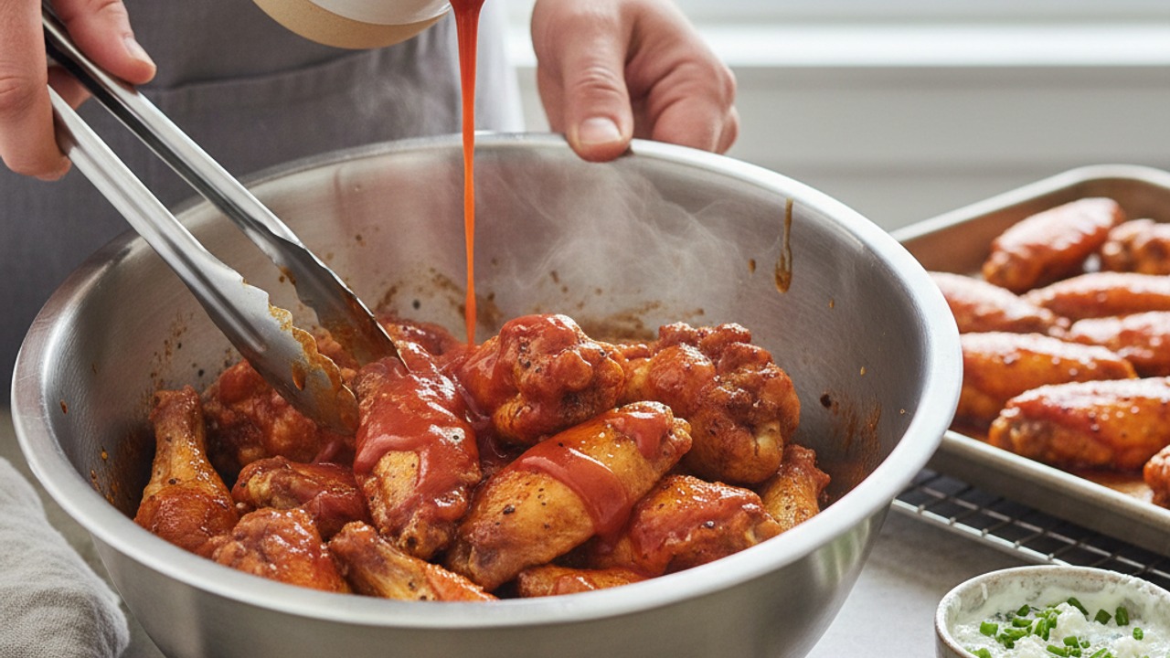 Toss wings in sauce and finish briefly