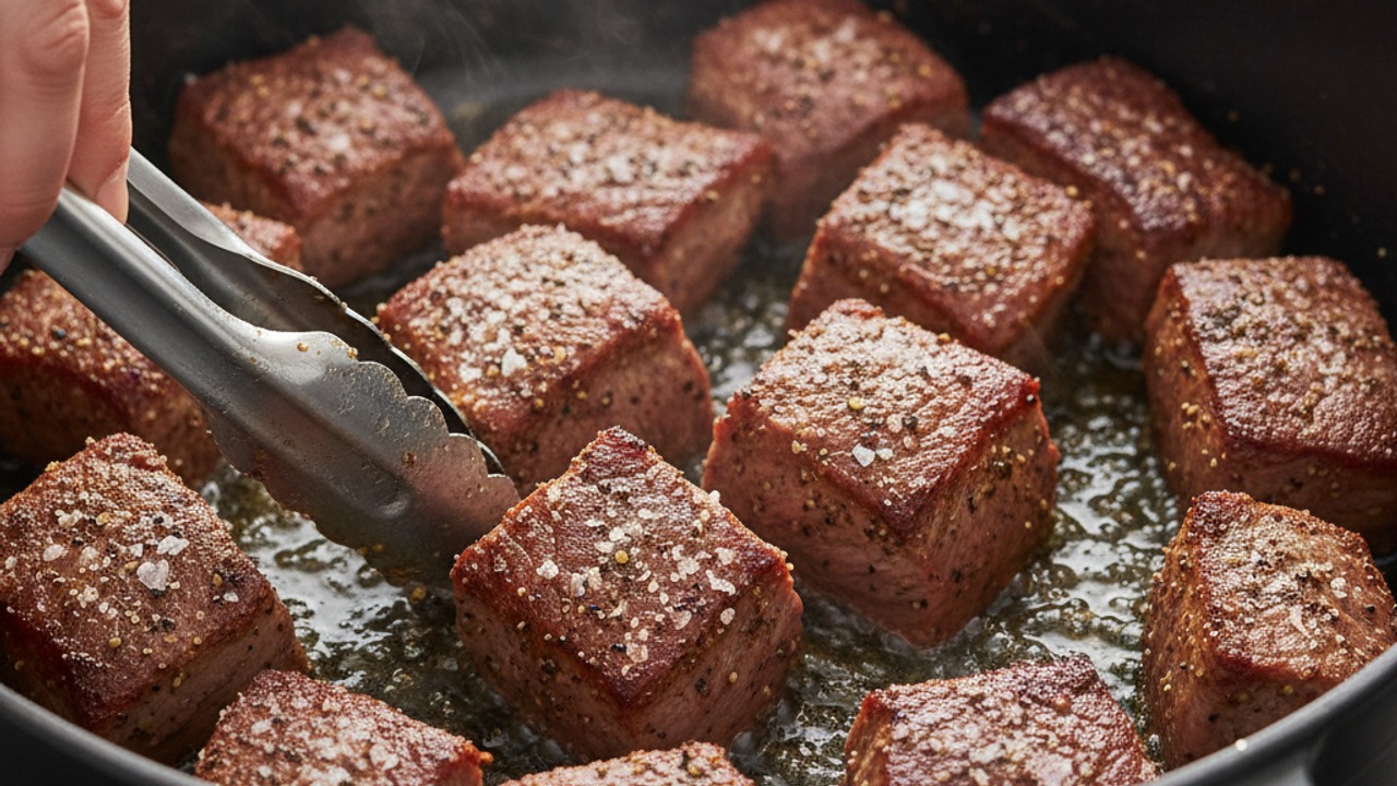 Season, dredge and brown the beef