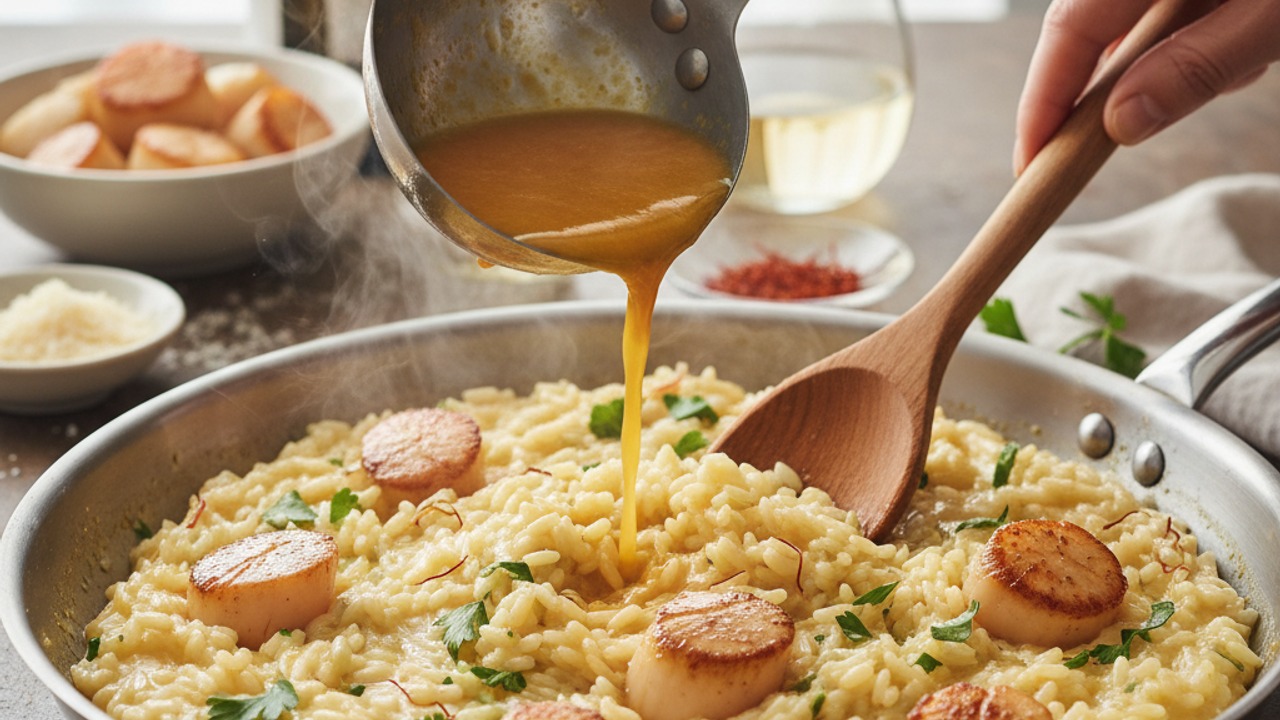Ladle in saffron-infused stock and finish the risotto