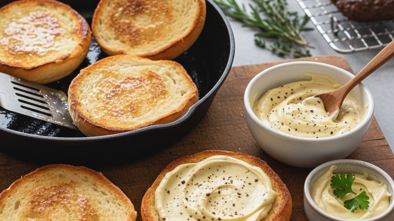 Toast buns and prepare aioli