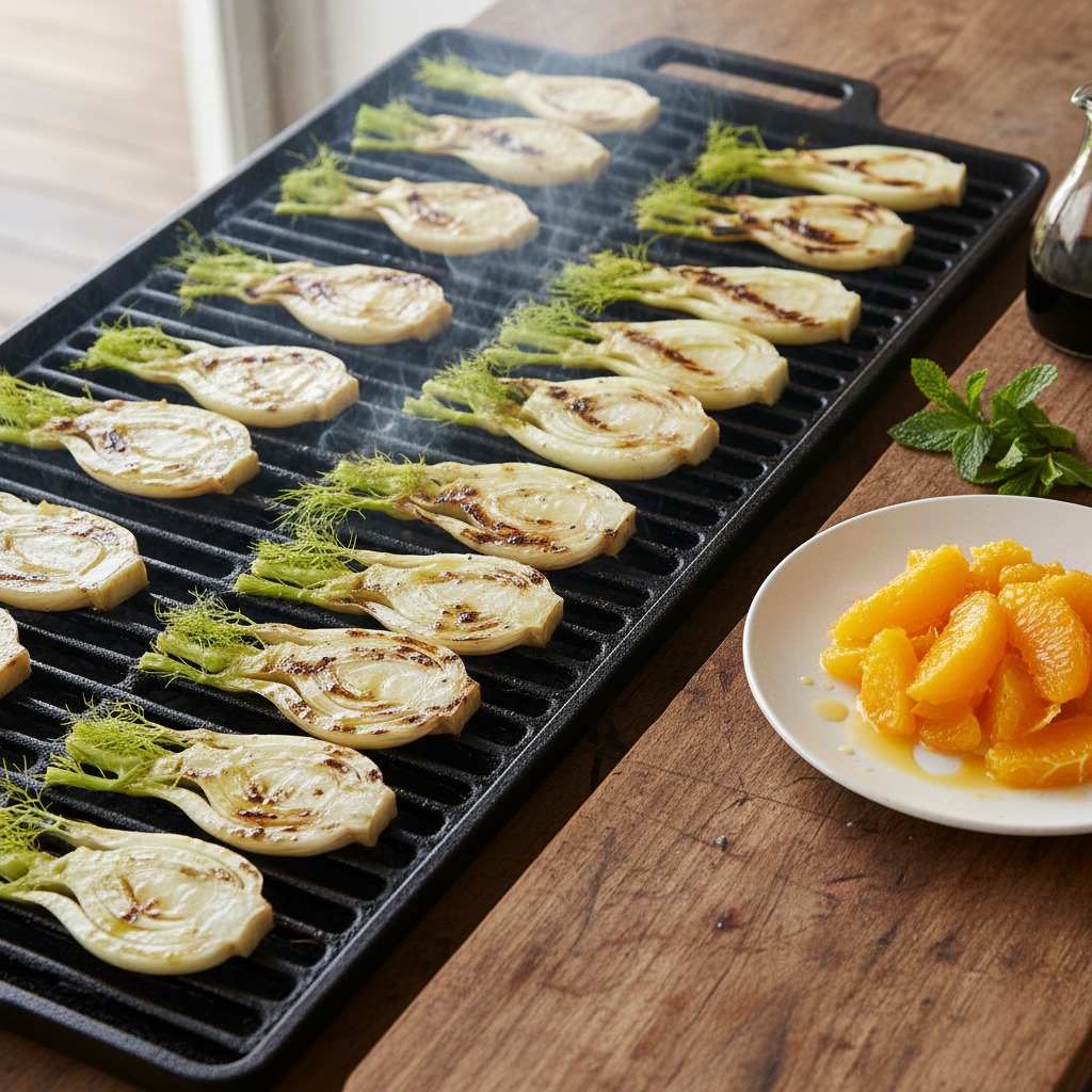 Char the fennel and prepare the orange segments
