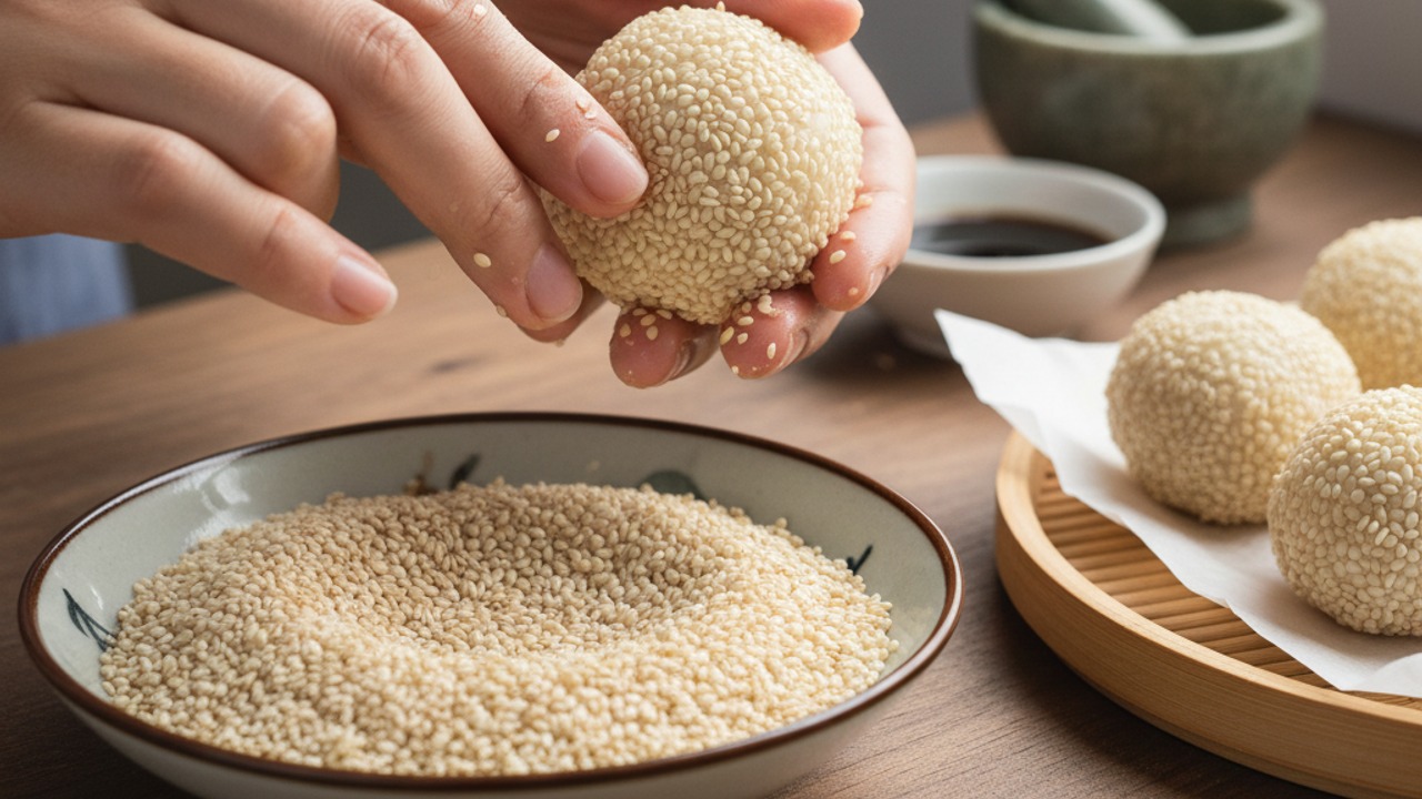 Coat balls with sesame seeds