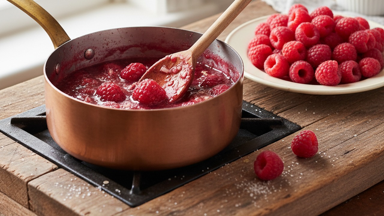 Make the raspberry coulis and reserve berries