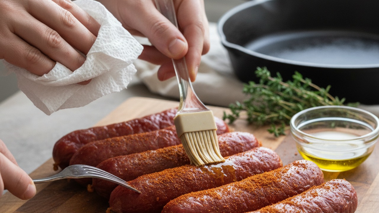 Prep and rub the sausages