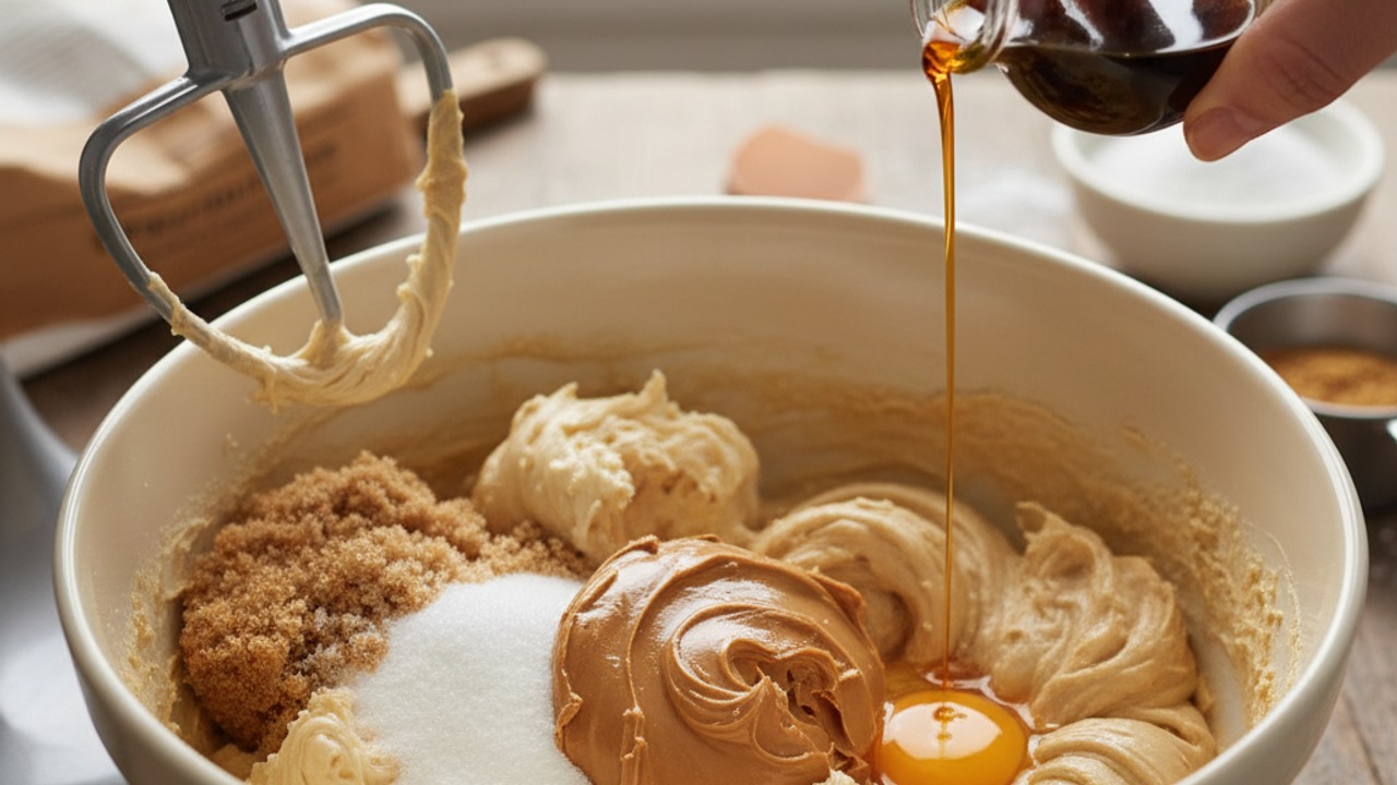 Cream sugars, butter and peanut butter; add egg and vanilla